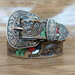 Premium Western Tooled Belt, Floral Rooster Belt for Unisex, Embossed Belt